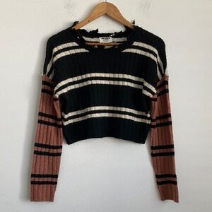 NYC Knits Black and Brown Striped Crew Neck Sweater Medium